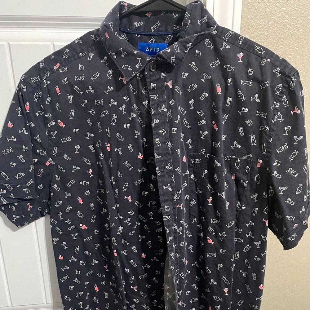 Button Down Collared Shirt! Pattern is little mixed drinks!